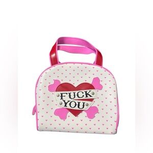 Pink & white heart print handbag with "F*ck You" design by Addicted